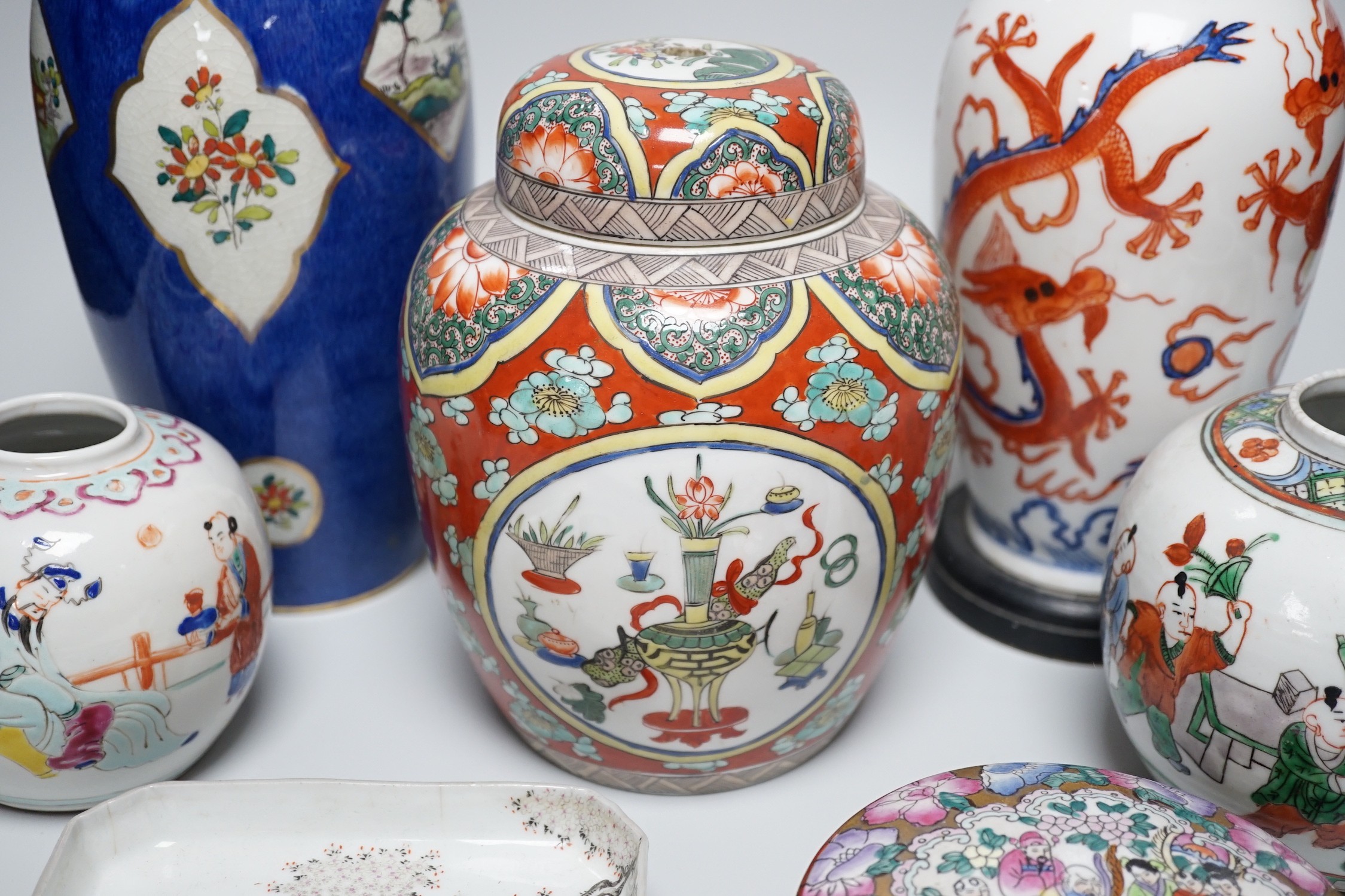 A group of Chinese famille rose jars, Paris porcelain lamps etc - tallest 34.5cm